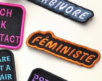 Féministe Patch, Iron on patch, sew on patch, Féministe, pumpkin orange thread on black patch