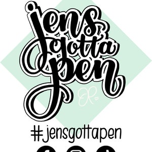 May include: Black and white logo with the text "Jens gotta pen" in a stylized font. The logo is on a light green diamond shape. Below the logo is the hashtag #jensgottapen and social media icons for Facebook, Instagram, and TikTok.