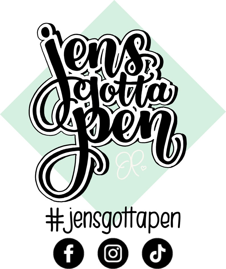 May include: Black and white logo with the text "Jens gotta pen" in a stylized font. The logo is on a light green diamond shape. Below the logo is the hashtag #jensgottapen and social media icons for Facebook, Instagram, and TikTok.