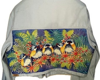 Sky Bluebirds embroidered denim crop jacket