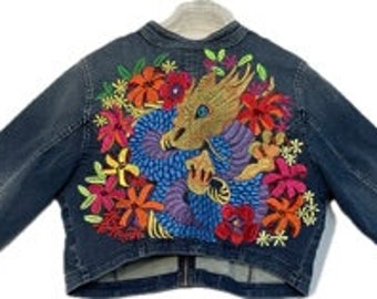 Dragon embroidered crop denim jacket