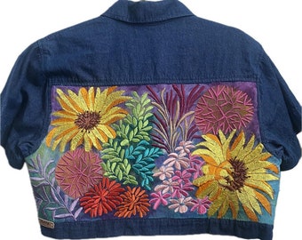 Flower Garden 4 embroidered denim crop shirt