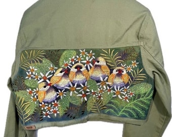 Green Birds embroidered denim crop jacket