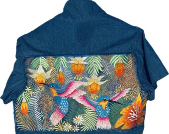 Humming Bird Garden embroidered denim crop shirt