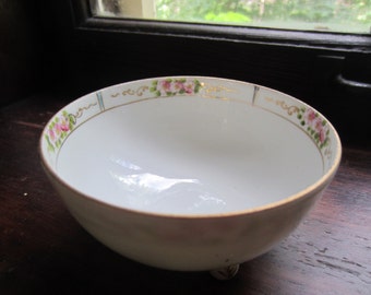 Vintage Nippon Bowl Hand Painted/ Pink flowers on White Bowl/  Three Footed/  Gold Trim/ Antique Dresser Bowl/ Trinket Bowl/ Vintage Bedroom