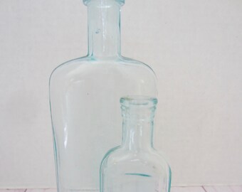 Antique Aqua Apothecary Bottles, Vintage Pinex Cough Syrup Bottle, Set of 2