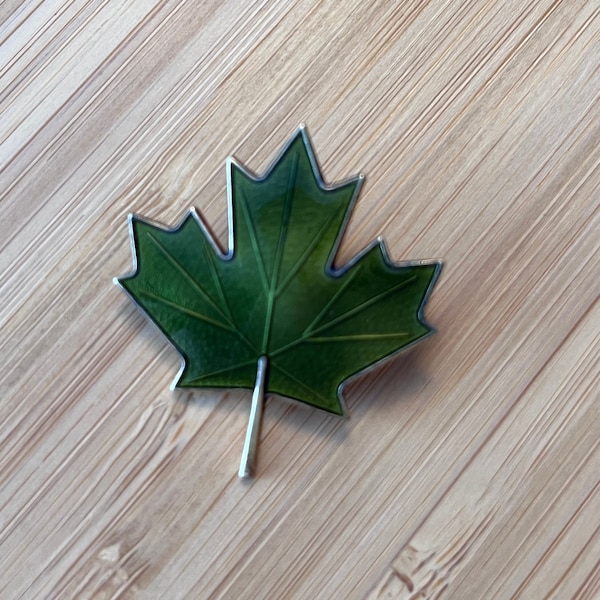 Vintage Aksel Holmsen Enamel Brooch, Norway Sterling 925S, Green Maple Leaf