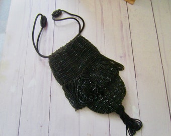 Antique Black Beaded Purse Antique Drawstring Purse Antique Handbag