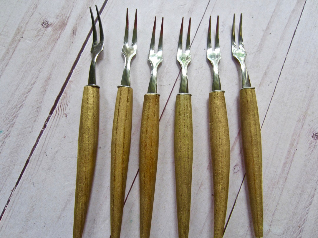 Stainless Steel and Teakwood 12 Piece Cocktail Party Set Fork and Knife