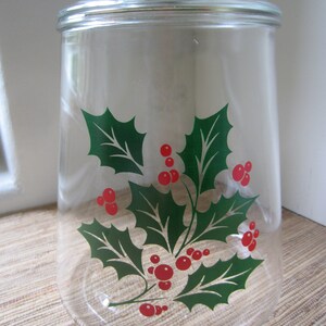 Vintage Glass Cannister Cookie Jar Christmas Cannister Holly Glass Jar Holiday Decor Christmas Cannister Vintage Christmas Candy Container