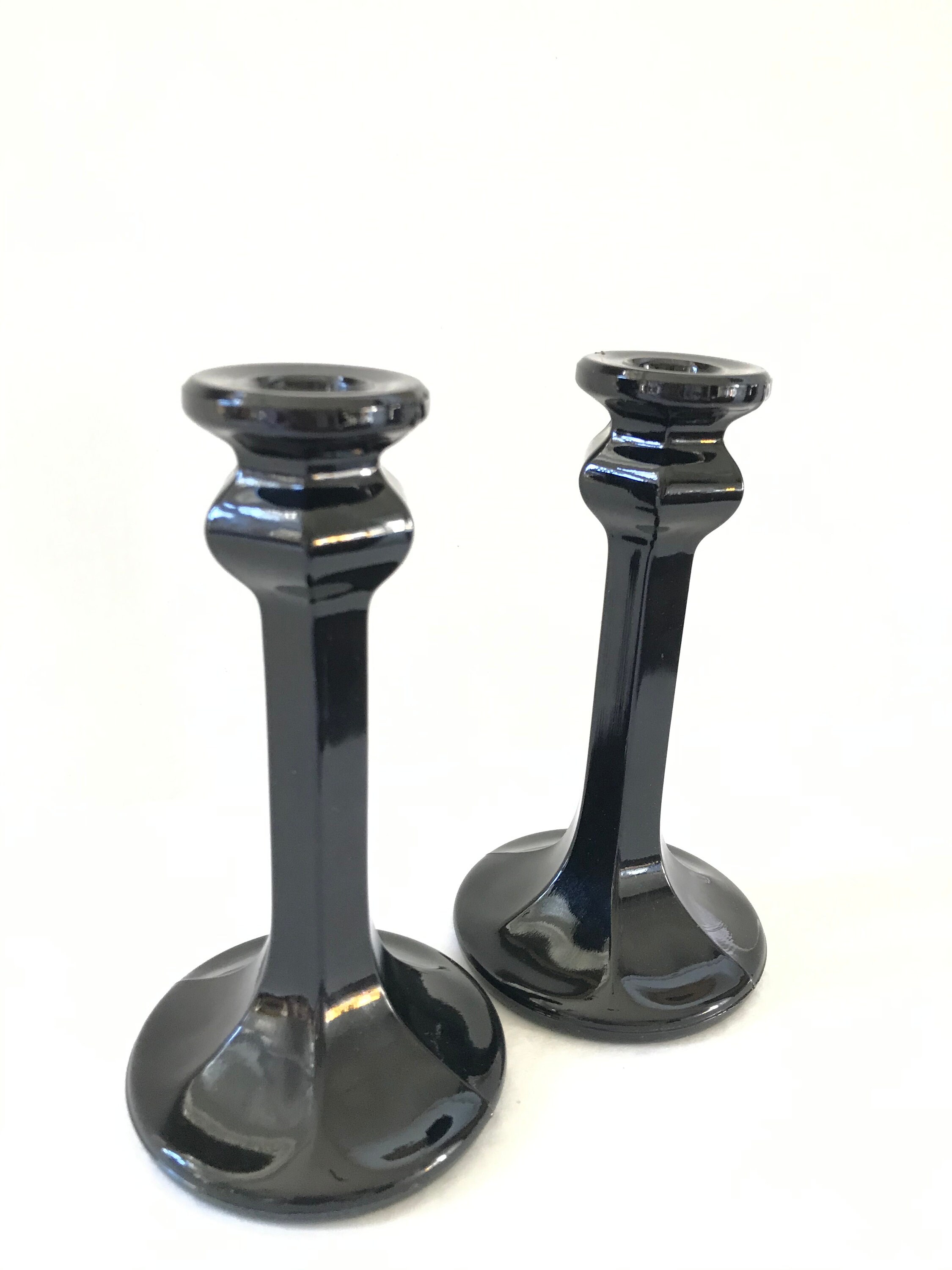 Pair Of Vintage Black Candle Holders Vintage Black Glass Etsy
