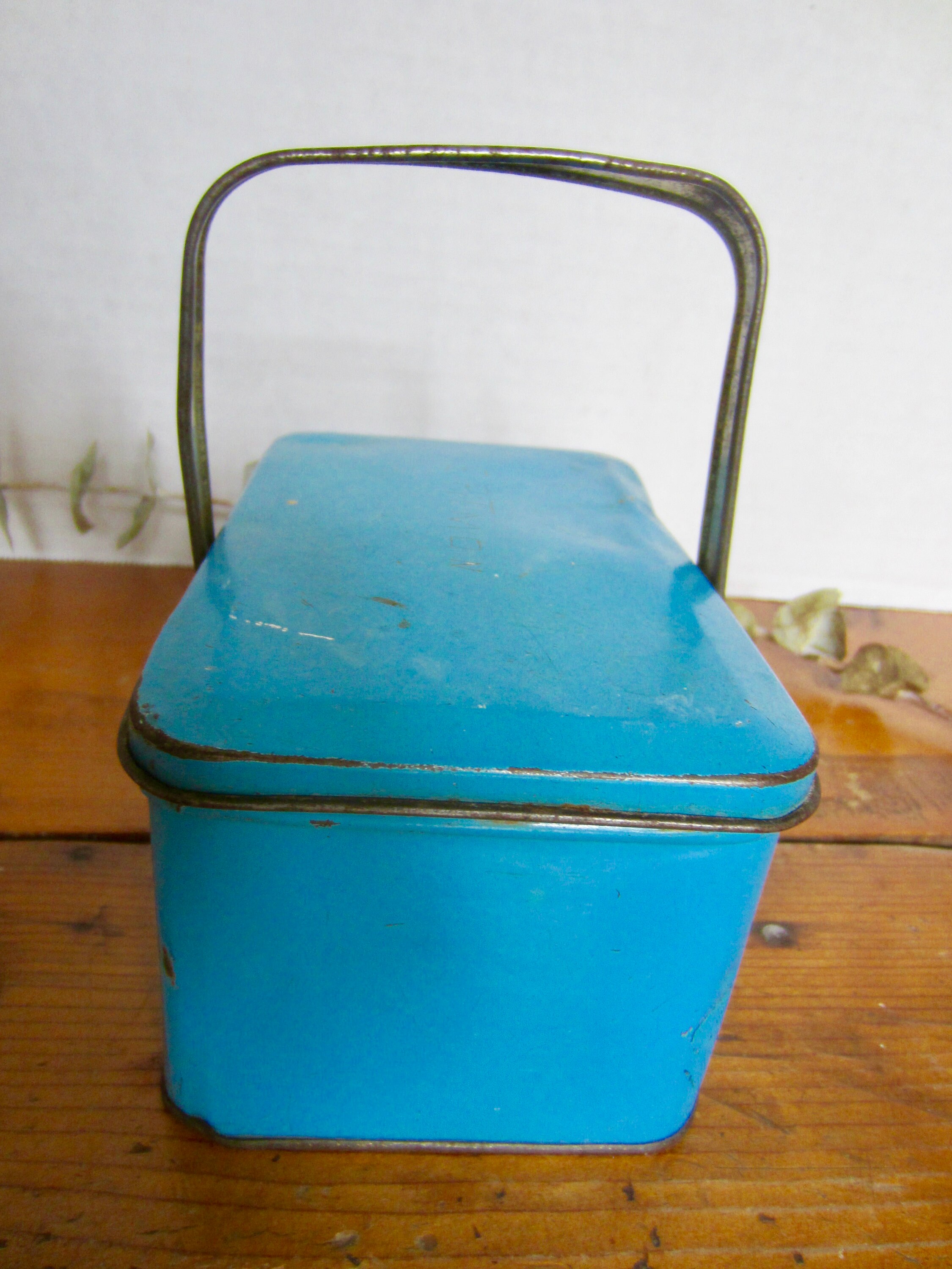 Vintage Metal Tin Blue Box With Handle Etsy
