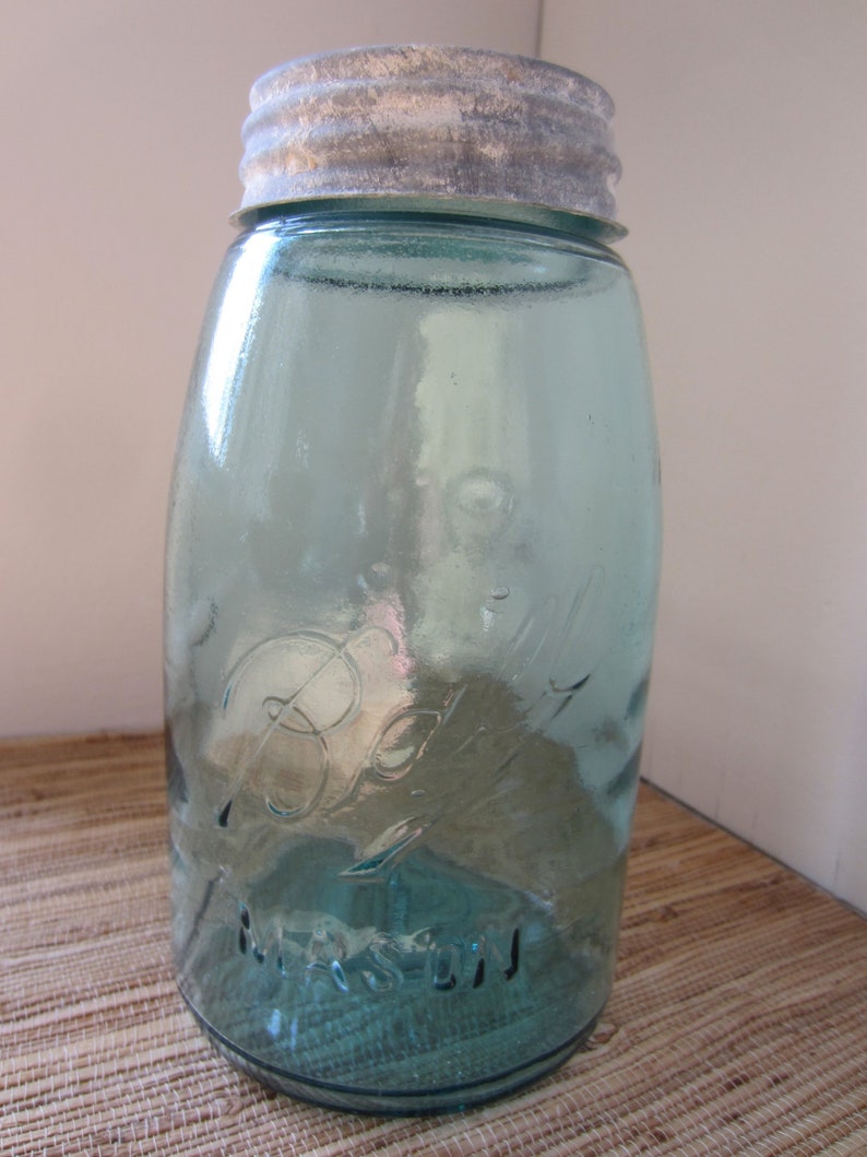 Vintage Blue Ball Jar Mason Farmhouse Kitchen Zinc Lid Glass Storage Decor Container