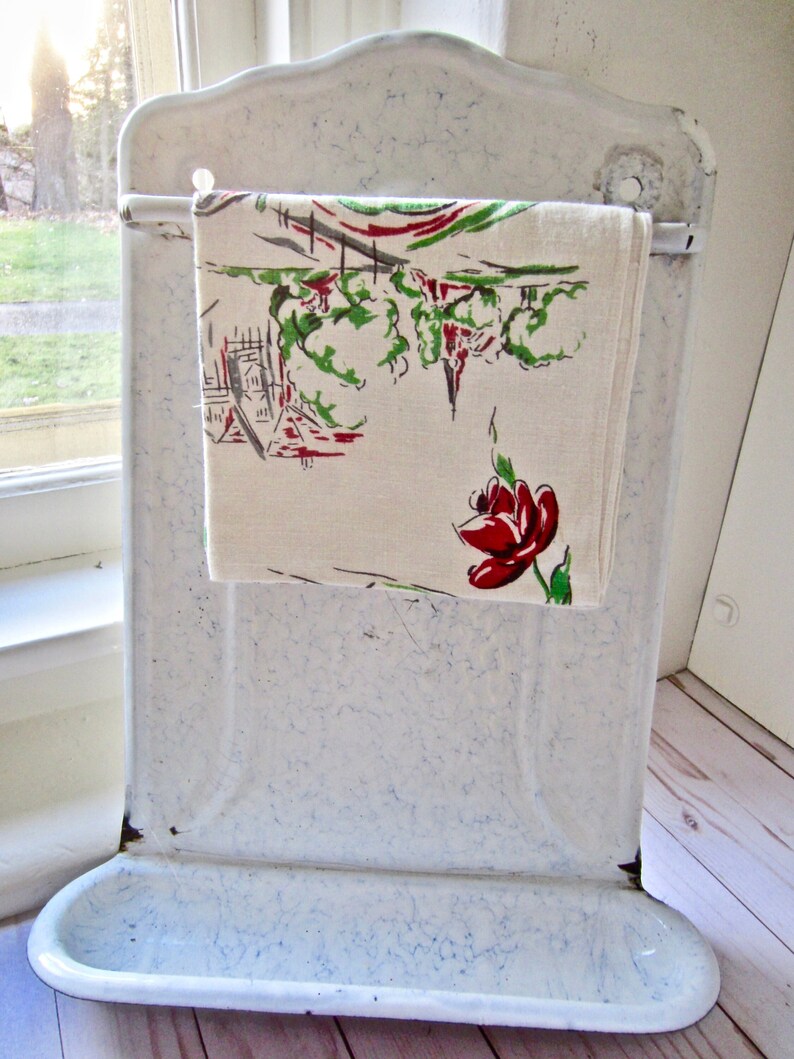 Vintage Enamel Kitchen Utensil Hanging Rack White With Sponge Etsy