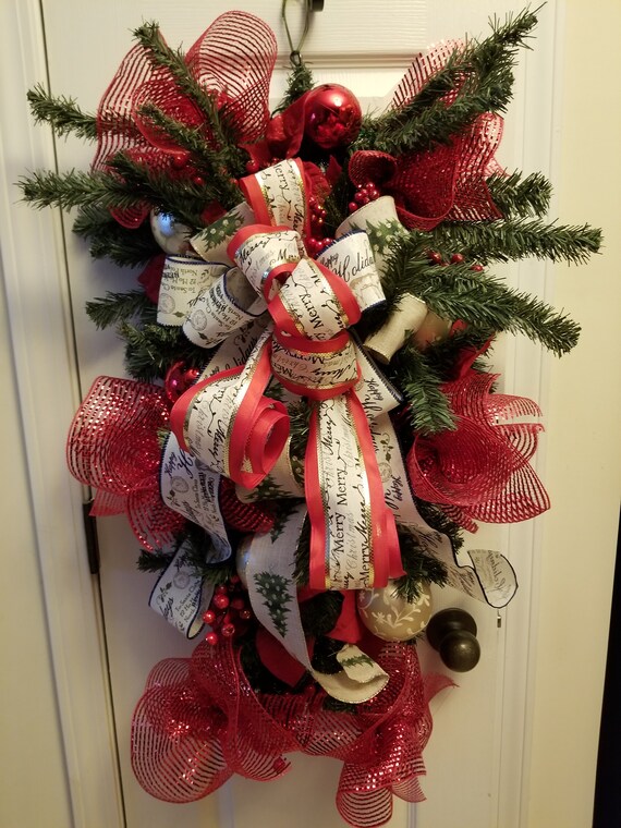 Christmas Teardrop Swag, Evergreen Wreath, Holiday Door Decor