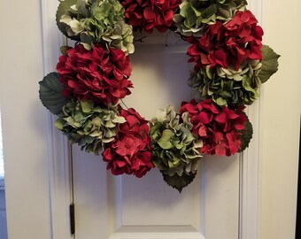 Corona de hortensias navideñas, corona navideña, decoración para puerta de entrada,