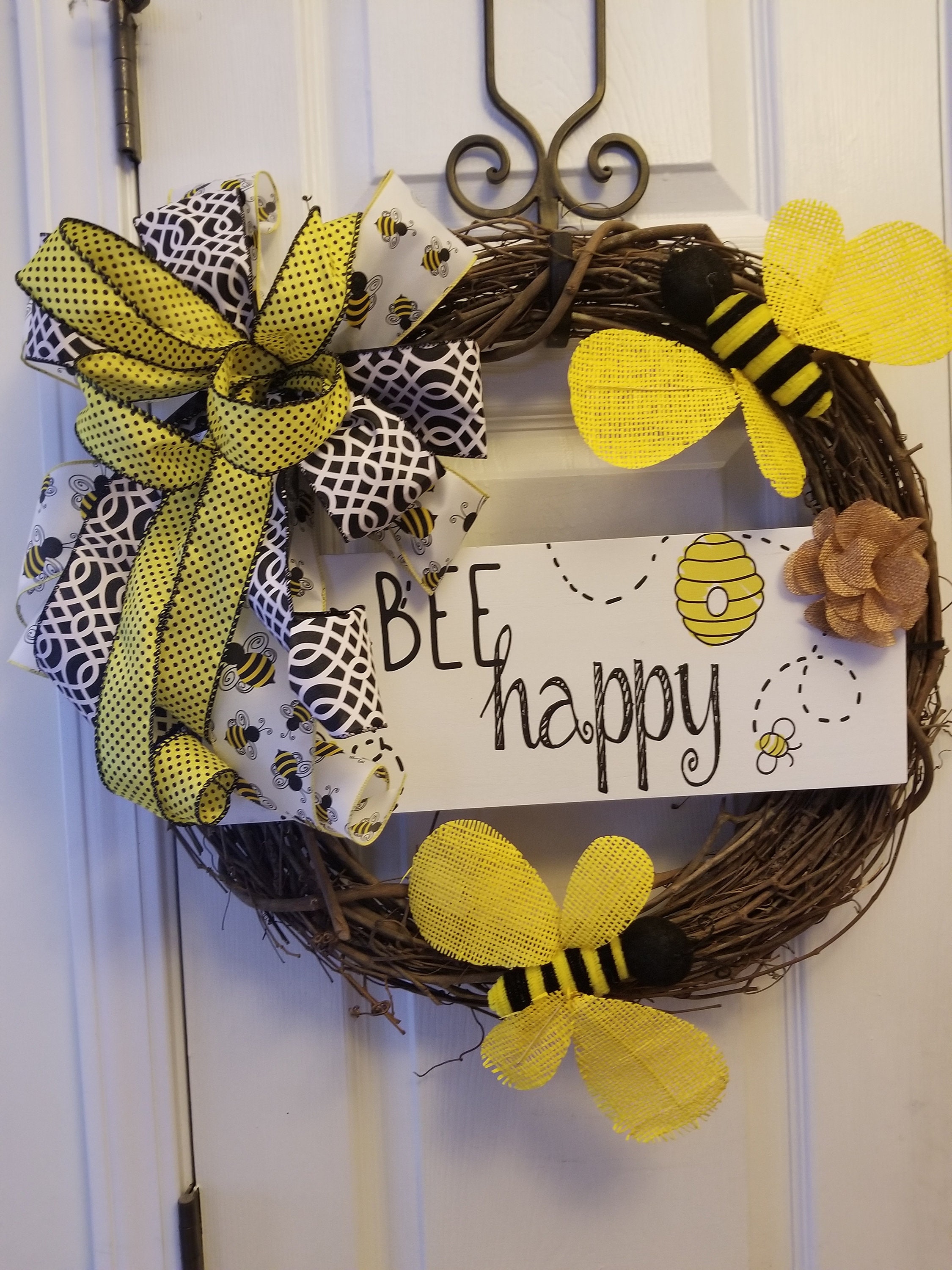 Bee Happy Wreath Sign Summer Wreath Sign Bee Door Hanger Craft Supplies Black and Yellow Bee Sign