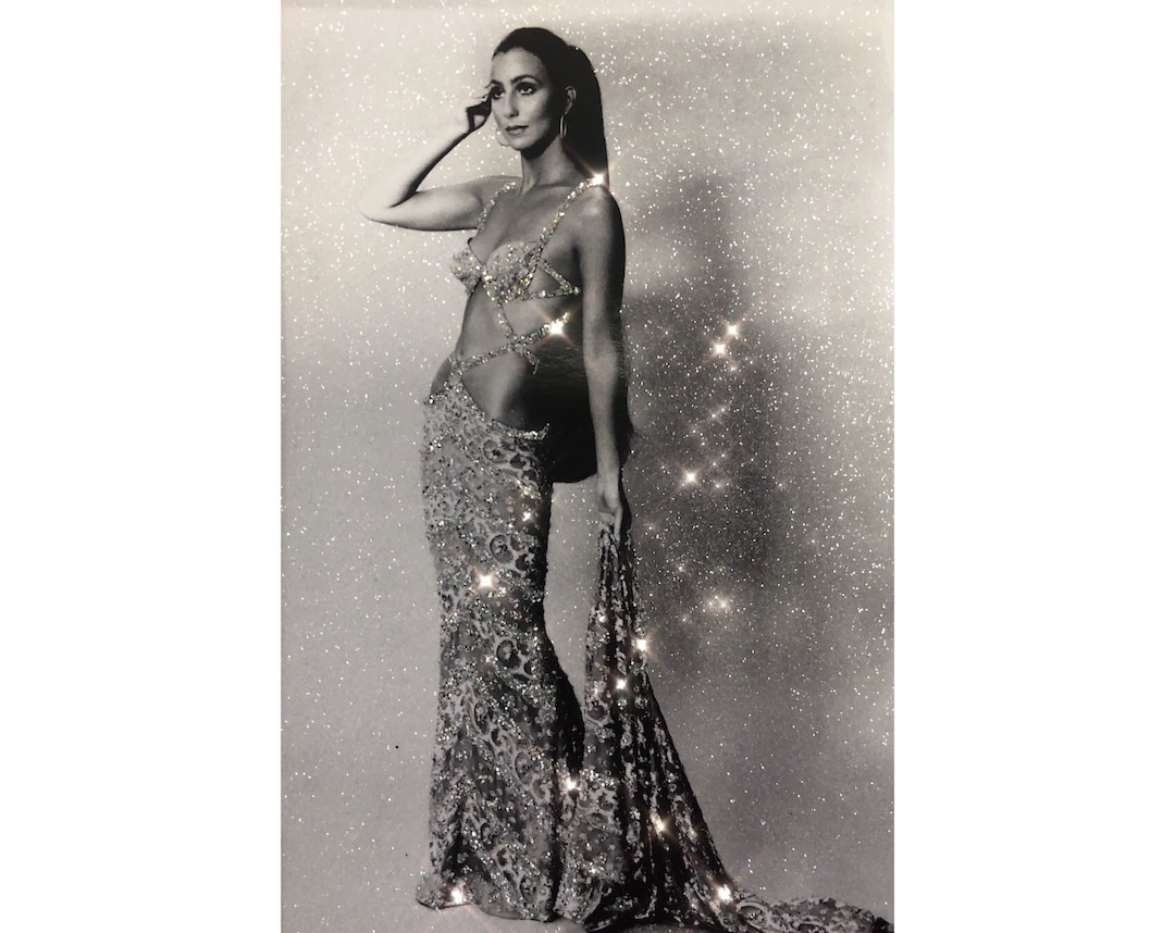Cher GLITTER WALL ART Bob Mackie Dress 70s Cher Matted Wall