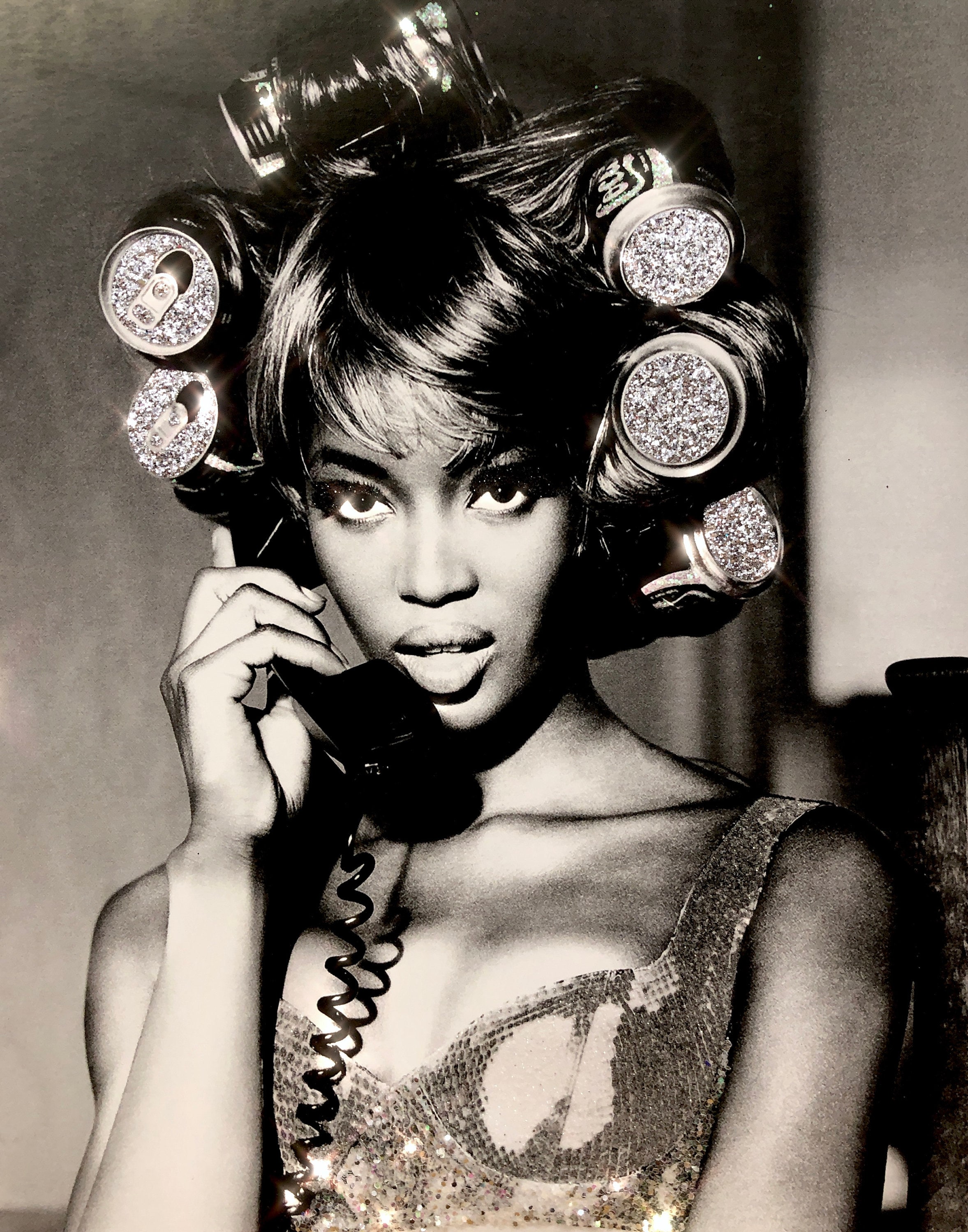 Sparkly NAOMI CAMPBELL 90s Cans in Hair Wall ART Sexy