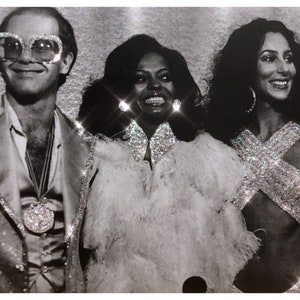 Hand Glittered Diana Ross, Elton John, Cher Print: 70s Divas Wall Art