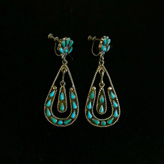 2 1940s Zuni Screw Back Earrings of Turquoise and Coral In