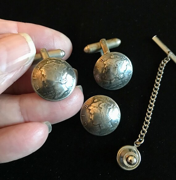 Neat Vintage Mercury Head Dimes Cuff Links & Tie … - image 2