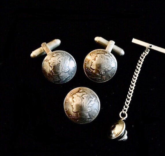 Neat Vintage Mercury Head Dimes Cuff Links & Tie … - image 1