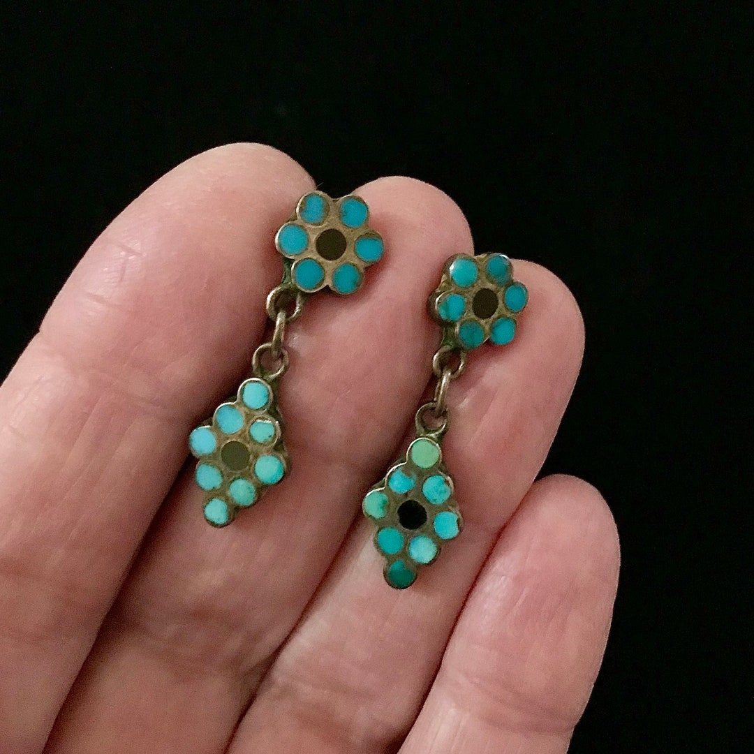 FRANK DISHTA Vintage Turquoise & Jet Inlay Earrings - Etsy