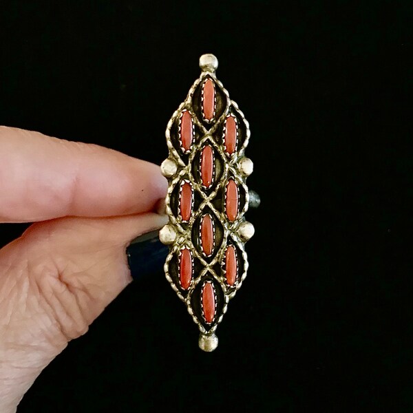 Divine Vintage Zuni Red Mediterranean Coral & Sterling Needlepoint Ring Circa 1970’s