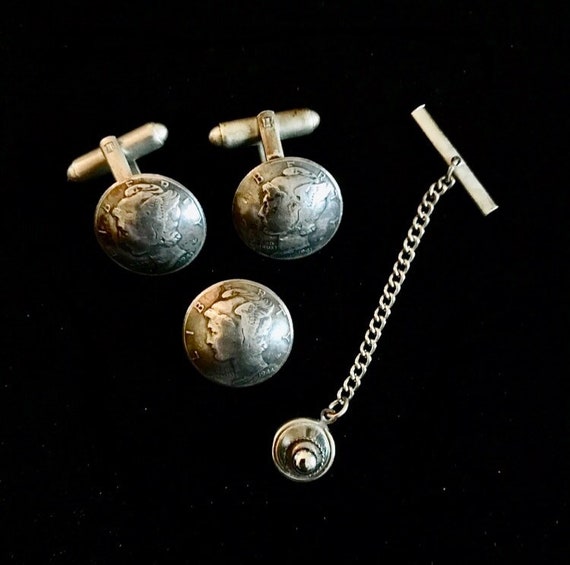 Neat Vintage Mercury Head Dimes Cuff Links & Tie … - image 4