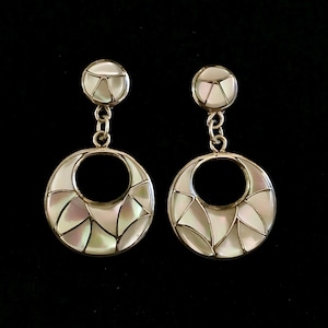 Glowing Vintage Zuni Mother Of Pearl Inlay Earrings Circa 1970’s