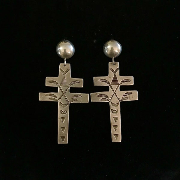 Enchanting Antique Navajo Hand Stamped Sterling Or Coin Silver Ingot Cross Earrings