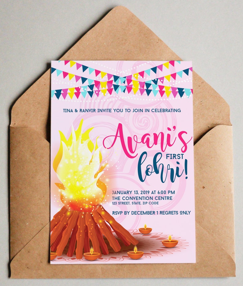 lohri invitation his hers in navy and pink backgrounds