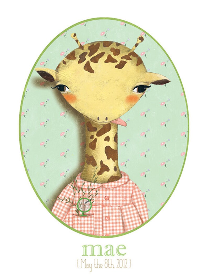 Personalized print/birth gift/birthday gift/ nursery wall decor/nursery art/ kids room decor. Print 'Customizable Giraffe' by Maria Mola image 1