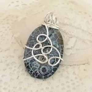 Navy Blue & White Dragons Vein Agate Silver Wire Wrapped Oval Stone Pendant, Handmade Necklace, Artisan Jewelry, P199