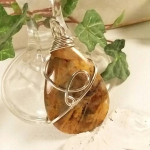 Brown Picture Jasper Silver Wire Wrapped Teardrop Stone Pendant, Handmade Gemstone Necklace, Artisan Jewelry, P223