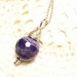 Purple Agate Silver Wire Wrapped Stone Faceted Ball Bead Pendant, Handmade Necklace, Artisan Jewelry P188