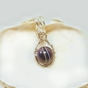 Purple Agate Silver Wire Wrapped Stone Ball Bead Pendant, Handmade Necklace, Artisan Jewelry P164