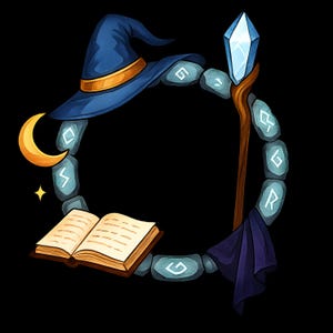 May include: A digital illustration featuring a wizard's hat with a gold band, a crescent moon, a star, and an open book. A circle of rune-inscribed stones surrounds these elements, with a staff topped with a crystal. A dark purple cloth hangs from the staff.