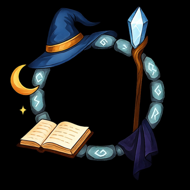 May include: A digital illustration featuring a wizard's hat with a gold band, a crescent moon, a star, and an open book. A circle of rune-inscribed stones surrounds these elements, with a staff topped with a crystal. A dark purple cloth hangs from the staff.