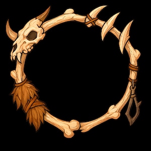 May include: A circular, stylized illustration of a bone frame with a skull, horns, and sharp bone protrusions. The frame is tan and brown, with a black background. The design includes a skull with horns, bone-like structures, and decorative elements.
