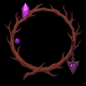 Puede incluir: Un marco circular de ramas marrones, con un cristal morado, una esfera morada y un colgante triangular con un ojo morado. El colgante cuelga de una cadena plateada. El fondo es negro.