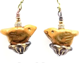Gold Bird Nest Czech Glass Earrings