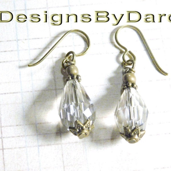 Crystal Glass Earrings Light Smoky Gray Glass Polished Brass Bead Caps Hypoallergenic Ear Wires Glass Jewelry