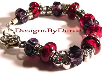 Valentines Day European Charm Bracelet Red Heart Beads Glass Crystals Rhinestones Leather Band Silver Heart Clasps