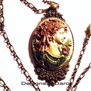 Victorian Cameo Pendant Necklace Renaissance Jewelry  Brass Setting Petite Brass Chain Lobster Clasps Hand Painted Handmade Jewelry Gift