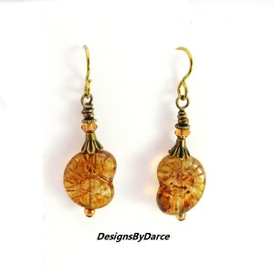 Sea Shell Nautilus Earrings Czech Transparent Beads Premium Topaz Crystals Brass Niobium Hypoallergenic Ear Wires Beach Jewelry