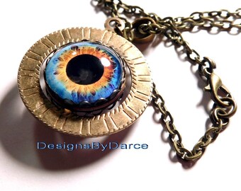 Glass Cat Eye Necklace Blue Yellow Dragon Eye Jewelry Reversible Revolving Pendant Brass Chain Lobster Clasps