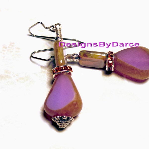 Lavender Alexandrite Earrings Translucent Glass Milky Picasso Beads Gold Rhinstones  Hypoallergenic Ear Wires Hand Made Jewelry