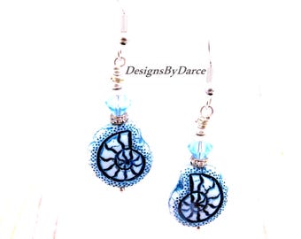 Blue Conch Sea Shell Earrings Czech Glass